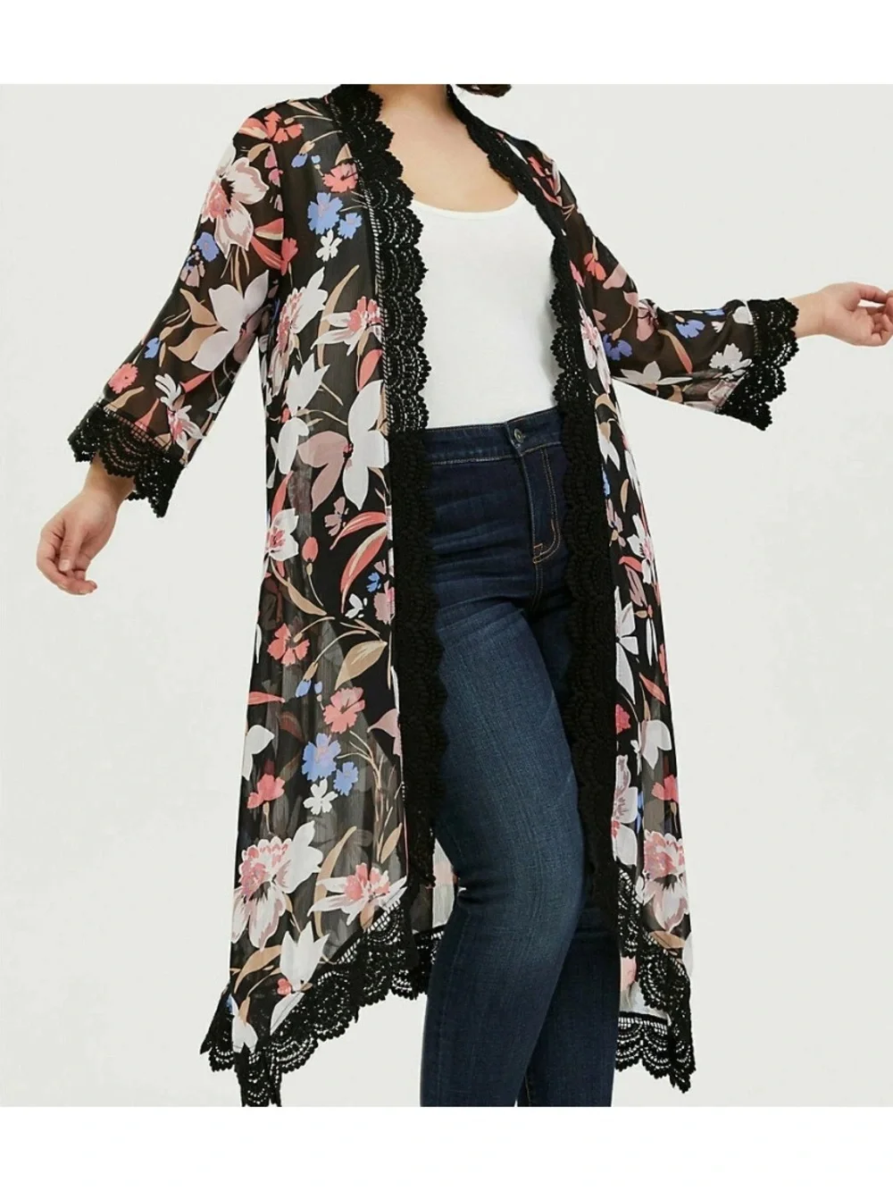 Torrid Floral Lace-Trim Sheer Kimono Duster - Black Floral sz 1X - Picture 1 of 16